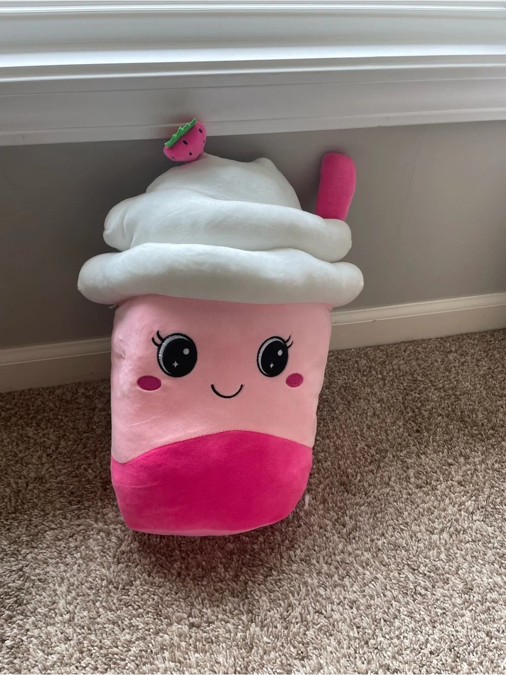 Plush Pink Strawberry Milkshake Cushion - Soft Home Accent